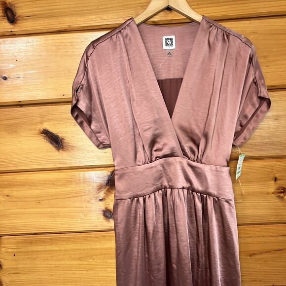$139 Anne Klein NEW Washed Satin Rose Anise V Neck Tie Midi Dress Size 8 - Picture 4 of 8